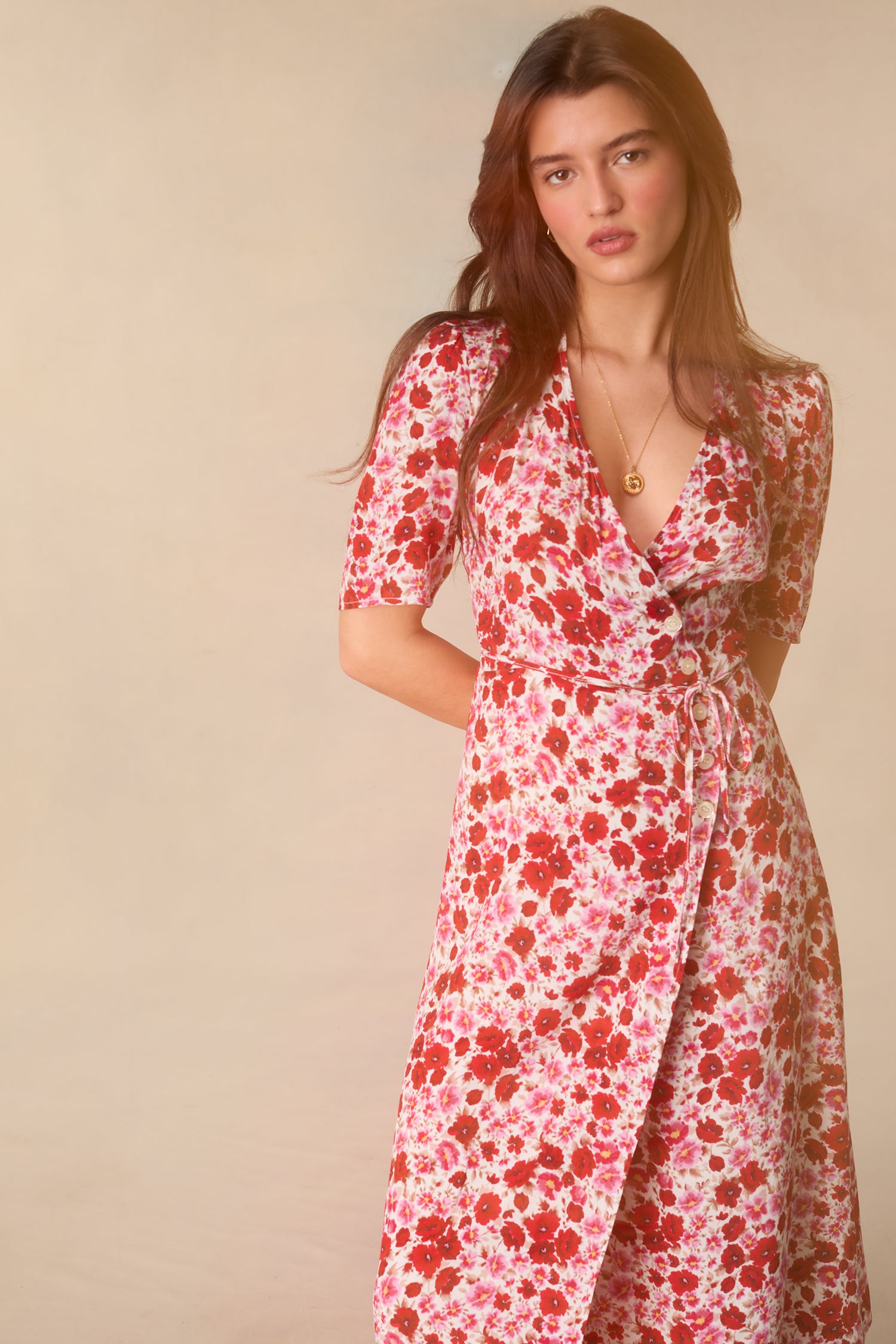 Pink u0026 floral midi wrap dress | Rouje